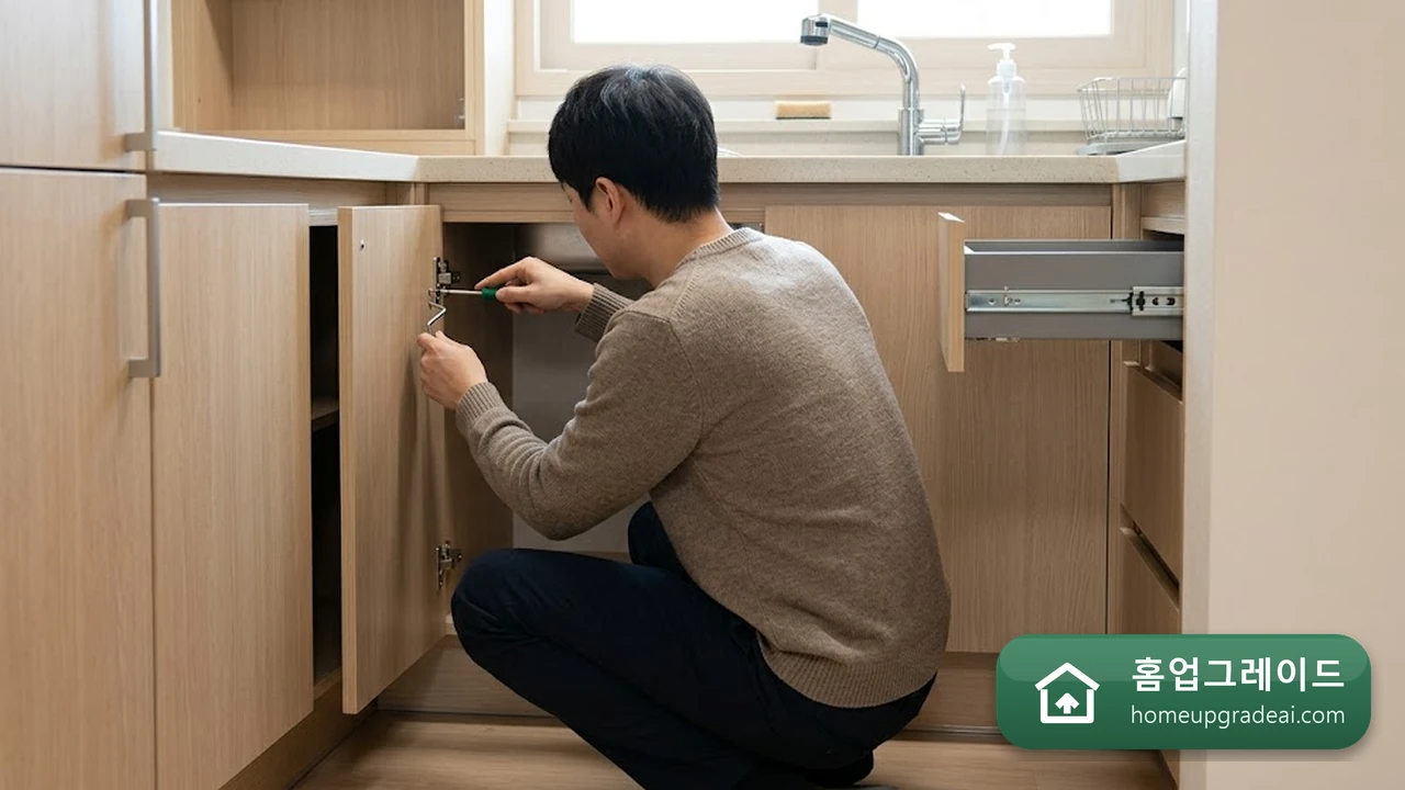 서랍·싱크대 문짝이 안 맞을 때 직접 조정하는 법 — AI 참고 이미지