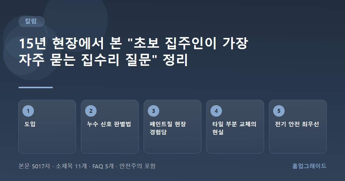 15년 현장에서 본 "초보 집주인이 가장 자주 묻는 집수리 질문" 정리 — 글의 흐름을 정리한 도해