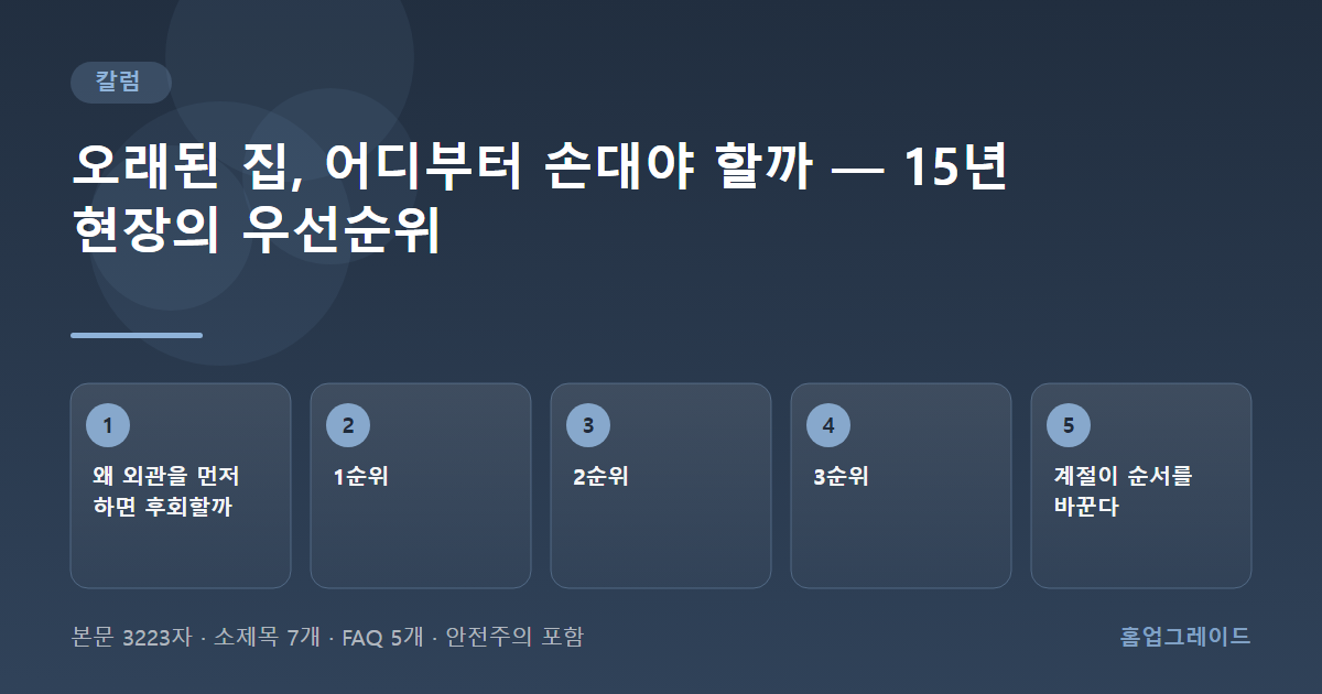 오래된 집, 어디부터 손대야 할까 — 15년 현장의 우선순위 — 글의 흐름을 정리한 도해
