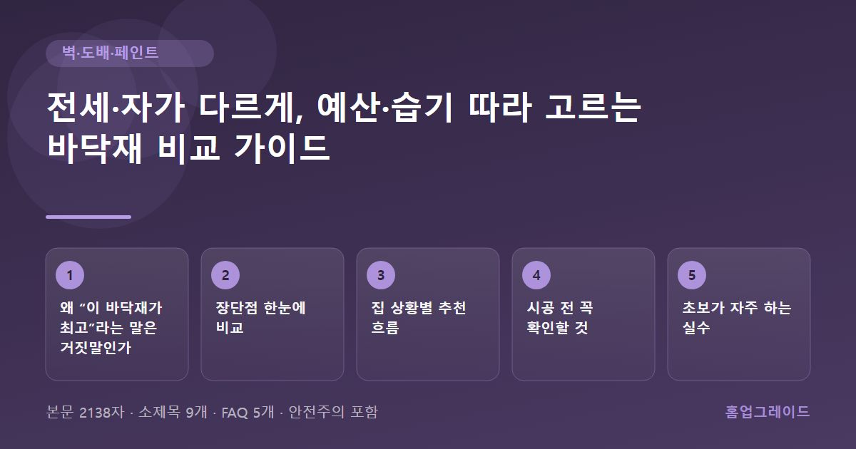 전세·자가 다르게, 예산·습기 따라 고르는 바닥재 비교 가이드 — 글의 흐름을 정리한 도해