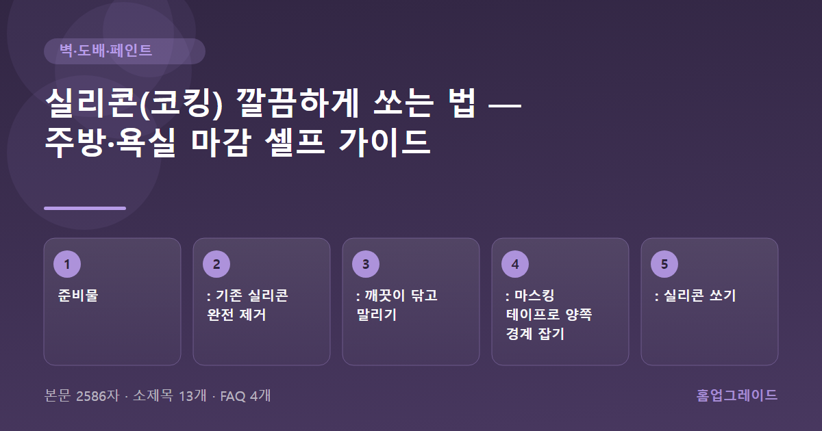 실리콘(코킹) 깔끔하게 쏘는 법 — 주방·욕실 마감 셀프 가이드 — 글의 흐름을 정리한 도해