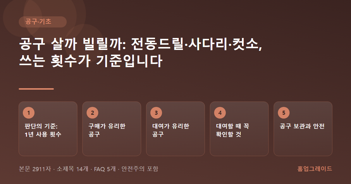 공구 살까 빌릴까: 전동드릴·사다리·컷소, 쓰는 횟수가 기준입니다 — 글의 흐름을 정리한 도해