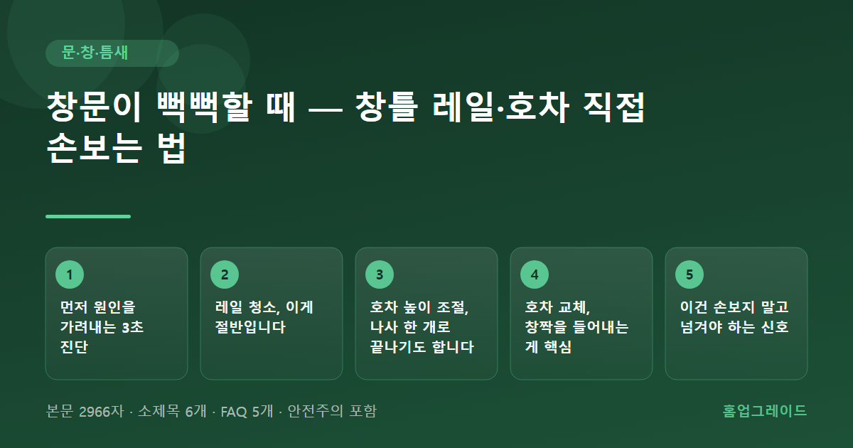 창문이 뻑뻑할 때 — 창틀 레일·호차 직접 손보는 법 — 글의 흐름을 정리한 도해